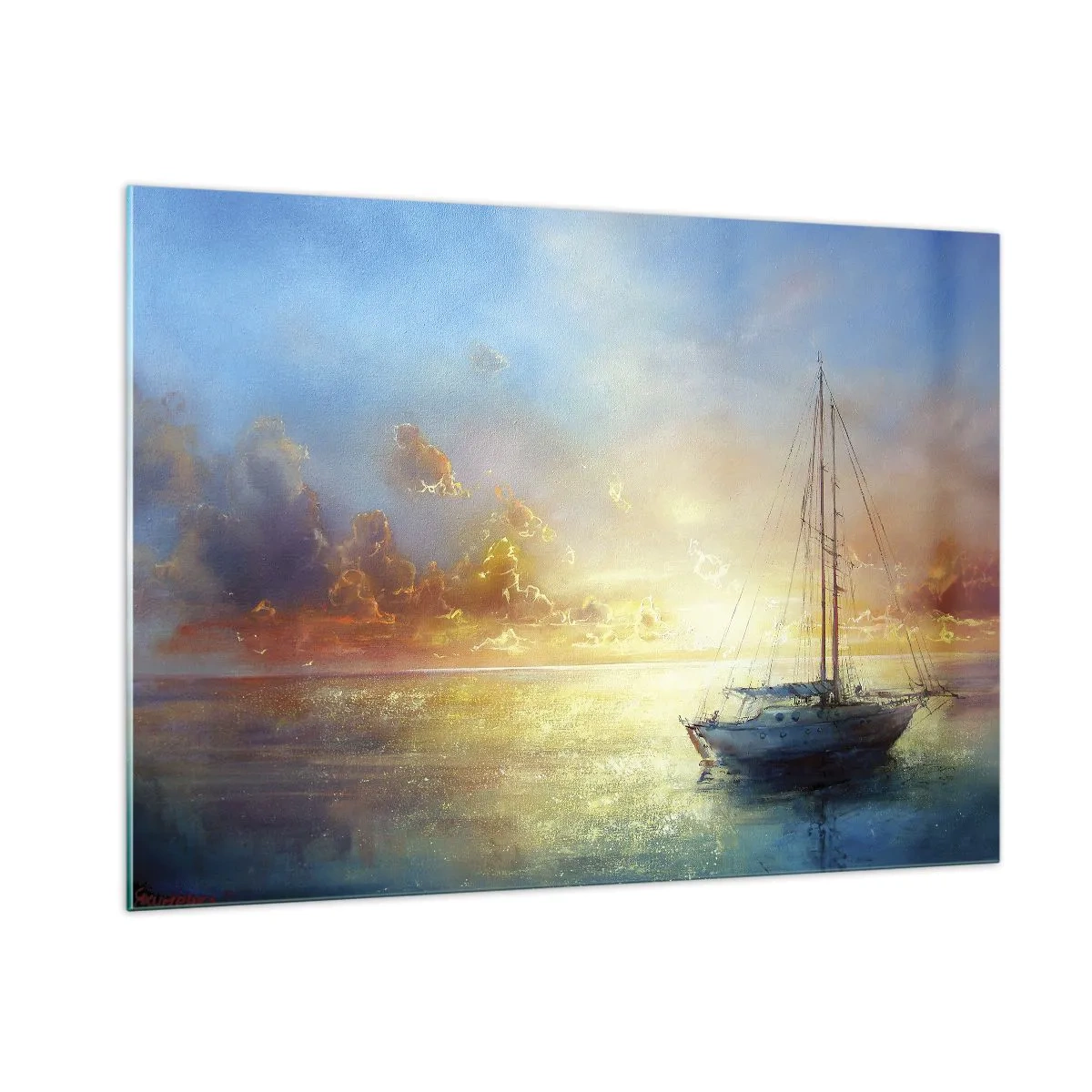 Cuadro sobre vidrio - Impresiones sobre Vidrio - Un velero en un mar tranquilo durante una puesta de sol dorada. - 100x70cm - En una bahía dorada - Decoración de pared moderna para salón y dormitorio ARTTOR