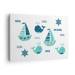 Cuadro sobre lienzo - Impresión de Imagen - Encantadores motivos náuticos con ballenas y veleros. - 70x50cm - A través de mares y océanos - Decoración de pared moderna para salón y dormitorio ARTTOR