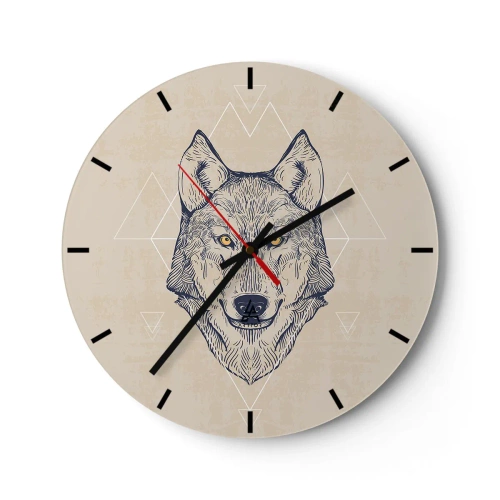 Reloj de pared - Reloj de vidrio - Ilustración de un lobo sobre un fondo beige con patrones geométricos. - 30x30cm - La mirada del lobo alfa - Decoración de pared moderna para salón, cocina y dormitorio ARTTOR
