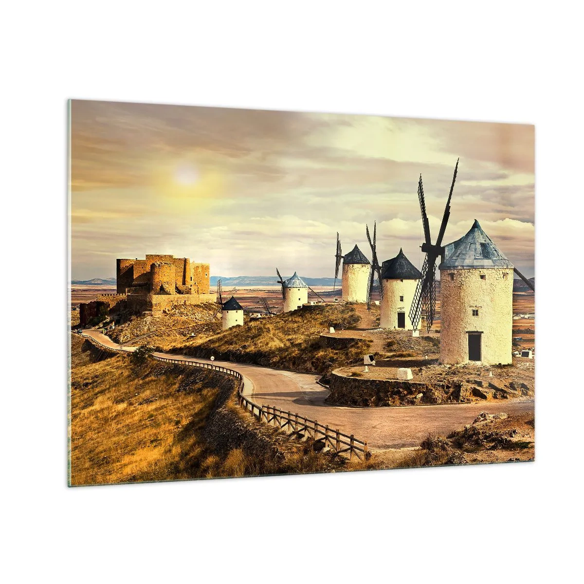 Cuadro sobre vidrio - Impresiones sobre Vidrio - Molinos de viento y un castillo en el paisaje al atardecer. - 100x70cm - Don Quijote los vio - Decoración de pared moderna para salón y dormitorio ARTTOR