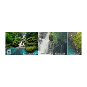 Muestra de fotomural Premium Canvas - Turquesa, zafiro y plata líquida - Paisaje, Cascada, Arroyo de montaña - 100x30 cm