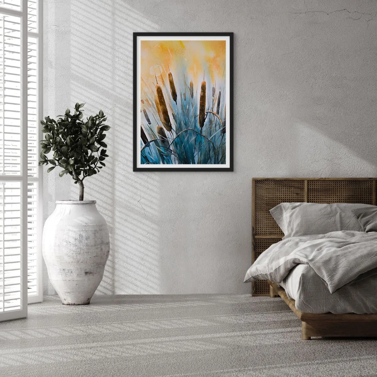 Póster en marco negro - Una composición pictórica de juncos bajo una luz cálida. - 50x70cm - El frío del agua, el calor del sol - Decoración de pared moderna para salón y dormitorio ARTTOR