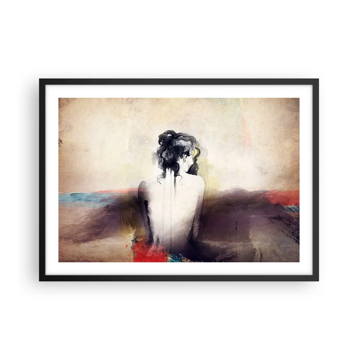 Póster en marco negro - Un retrato sutil de una mujer en estilo artístico. - 70x50cm - Líneas suaves, formas ovaladas - Decoración de pared moderna para salón y dormitorio ARTTOR