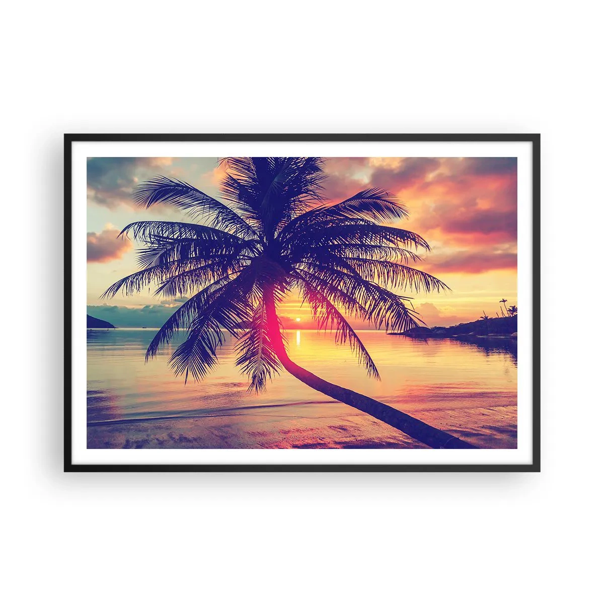 Póster en marco negro - Puesta de sol con una palmera sobre una orilla tranquila - 100x70cm - Atardecer bajo las palmeras - Decoración de pared moderna para salón y dormitorio ARTTOR