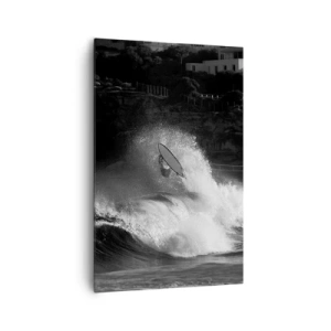 Cuadro sobre lienzo - Impresión de Imagen - Un surfista montando una ola en monocromo. - 80x120cm - Desafío aceptado - Decoración de pared moderna para salón y dormitorio ARTTOR