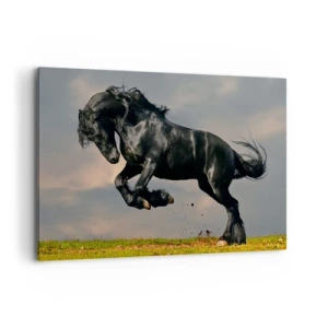 Cuadro sobre lienzo - Impresión de Imagen - Un caballo oscuro en un salto dinámico contra el cielo. - 120x80cm - Hermoso y libre - Decoración de pared moderna para salón y dormitorio ARTTOR