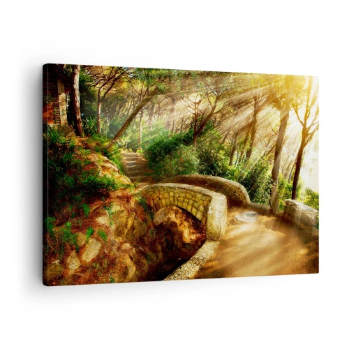 Cuadro sobre lienzo - Impresión de Imagen - Paisaje forestal con rayos de sol y un puente de piedra. - 70x50cm - Directamente desde el puente hacia el bosque de las hadas - Decoración de pared moderna para salón y dormitorio ARTTOR