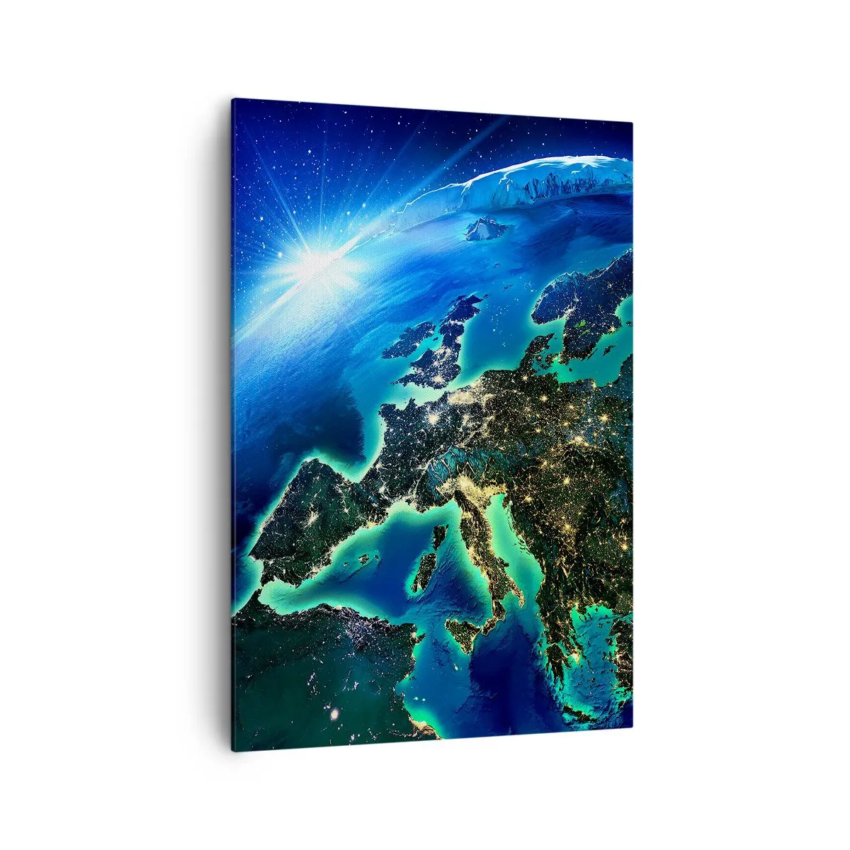 Cuadro sobre lienzo - Impresión de Imagen - Una vista de Europa desde el espacio bajo el resplandor del sol naciente. - 70x100cm - Una Europa resplandeciente - Decoración de pared moderna para salón y dormitorio ARTTOR
