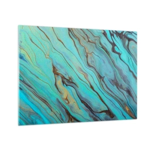 Cuadro sobre vidrio - Impresiones sobre Vidrio - Rayas abstractas en turquesa y oro - 70x50cm - Marea turquesa - Decoración de pared moderna para salón y dormitorio ARTTOR