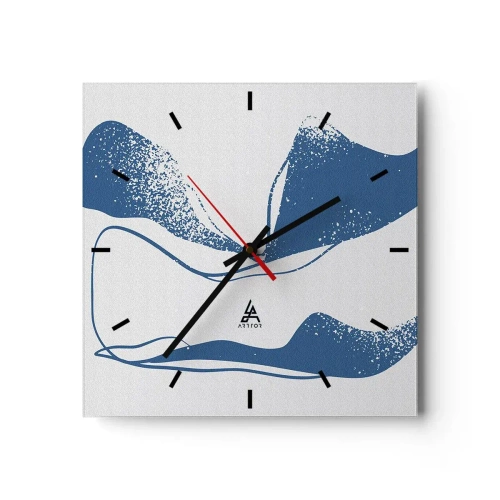 Reloj de pared - Reloj de vidrio - Formas abstractas en tonos azules sobre un fondo blanco. - 30x30cm - Abstracción con alas - Decoración de pared moderna para salón y dormitorio ARTTOR