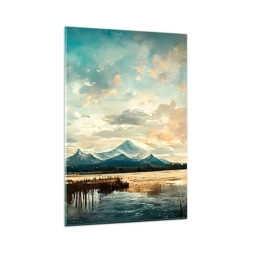 Cuadro sobre vidrio - Impresiones sobre Vidrio - Un paisaje pintoresco con una montaña y un lago tranquilo. - 80x120cm - Bajo la protección del cielo - Decoración de pared moderna para salón y dormitorio ARTTOR