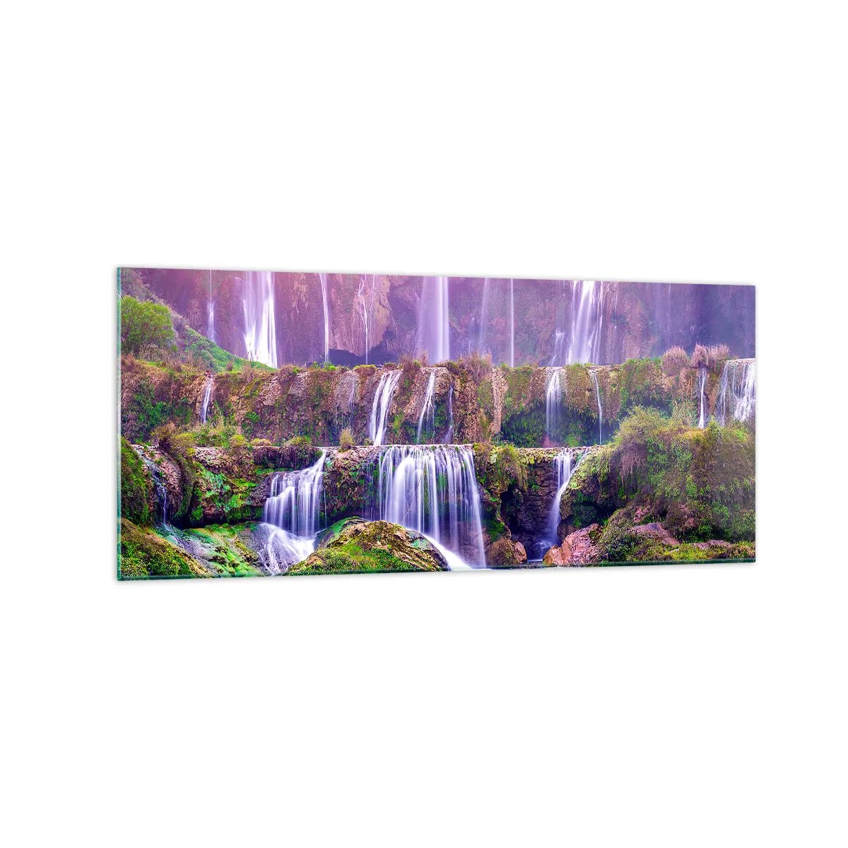 Cuadro sobre vidrio - Impresiones sobre Vidrio - Cascadas rodeadas de vegetación con iluminación pastel. - 120x50cm - Escalera al cielo - Decoración de pared moderna para salón y dormitorio ARTTOR