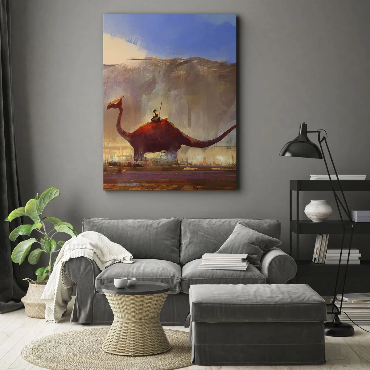 Cuadro sobre lienzo - Impresión de Imagen - Una escena de fantasía con un jinete sobre una criatura prehistórica. - 50x70cm - Si no se hubieran extinguido - Decoración de pared moderna para salón y dormitorio ARTTOR