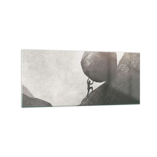 Cuadro sobre vidrio - Impresiones sobre Vidrio - Un hombre trepando una enorme roca por una colina. - 120x50cm - Creo, contra toda esperanza - Decoración de pared moderna para salón y dormitorio ARTTOR