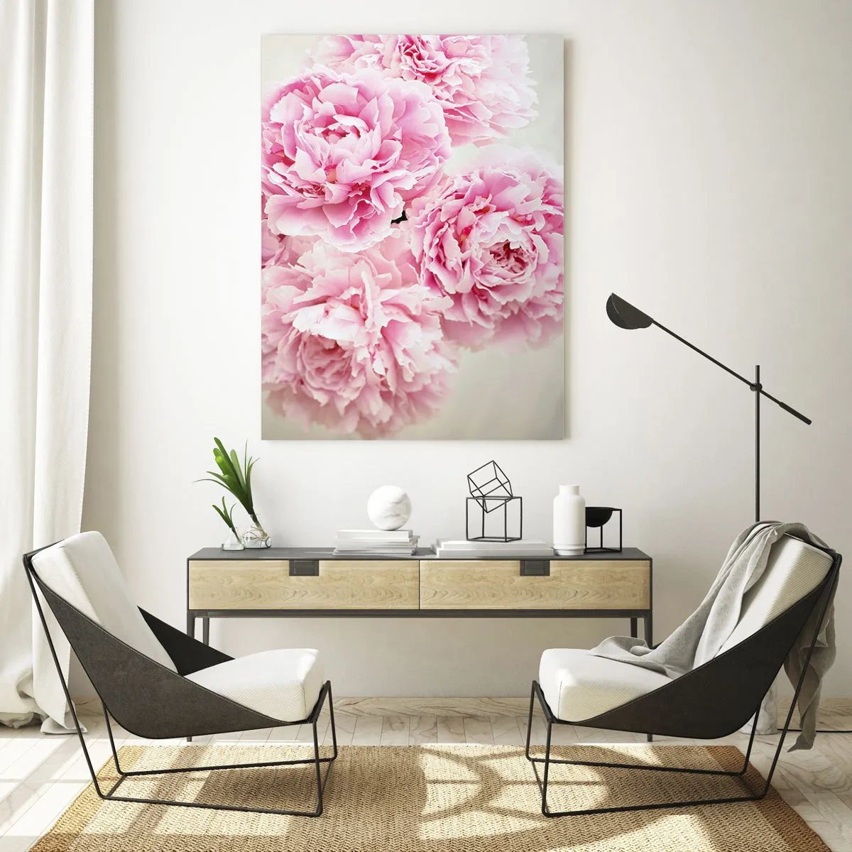 Cuadro sobre vidrio - Impresiones sobre Vidrio - Un ramo de peonías rosas sobre un fondo claro. - 50x70cm - En el esplendor del rosa - Decoración de pared moderna para salón y dormitorio ARTTOR