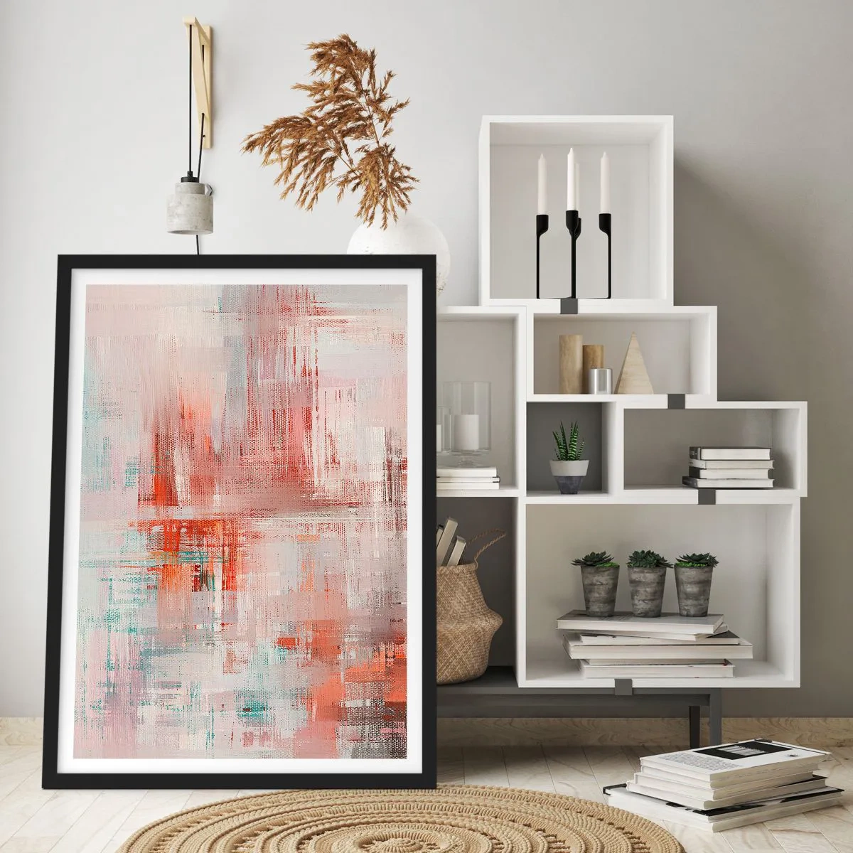 Póster en marco negro - Composición abstracta en tonos rojos y azules. - 50x70cm - Niebla rosa - Decoración de pared moderna para salón y dormitorio ARTTOR