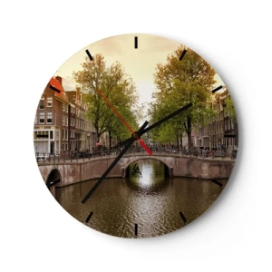 Reloj de pared - Reloj de vidrio - Canal con puente y casas de vecindad en Ámsterdam - 30x30cm - ¿En barco o en bicicleta? - Decoración de pared moderna para salón, cocina y dormitorio ARTTOR