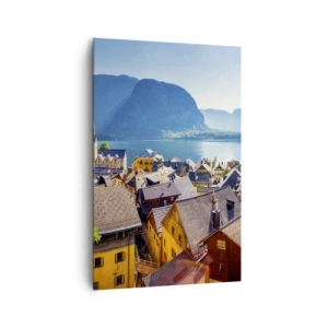 Cuadro sobre lienzo - Impresión de Imagen - Un pintoresco pueblo junto a un lago rodeado de montañas en un día soleado. - 80x120cm - No podría ser más pintoresco - Decoración de pared moderna para salón y dormitorio ARTTOR