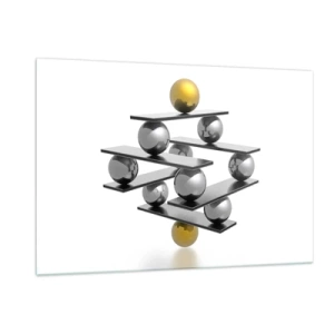 Cuadro sobre vidrio - Impresiones sobre Vidrio - Composición geométrica con bolas y plataformas sobre fondo blanco. - 120x80cm - Balance de oro y plata - Decoración de pared moderna para salón y dormitorio ARTTOR