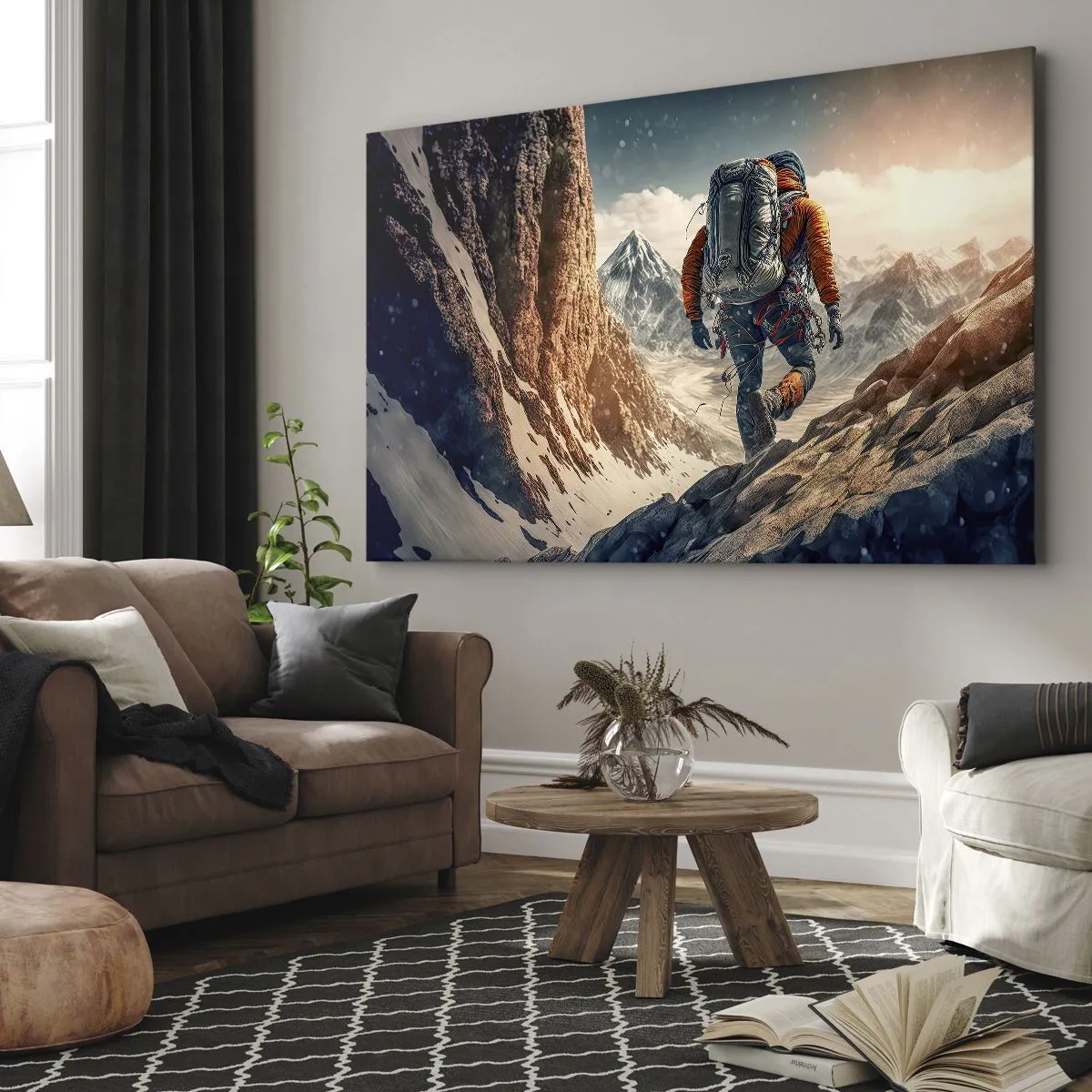 Cuadro sobre lienzo - Impresión de Imagen - Un escalador en un sendero de montaña en un paisaje invernal. - 100x70cm - Guerrero solitario - Decoración de pared moderna para salón y dormitorio ARTTOR