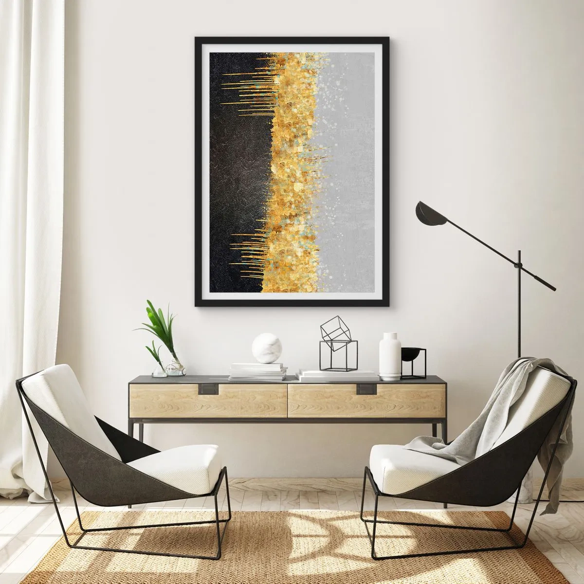 Póster en marco negro - Composición abstracta de oro, negro y plata. - 50x70cm - Hacia arriba y hacia abajo - Decoración de pared moderna para salón y dormitorio ARTTOR