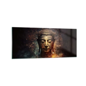 Cuadro sobre vidrio - Impresiones sobre Vidrio - Buda dorado sobre un fondo oscuro con adornos. - 120x50cm - Equilibrio espiritual - Decoración de pared moderna para salón y dormitorio ARTTOR