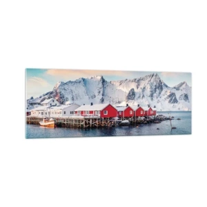Cuadro sobre vidrio - Impresiones sobre Vidrio - Casas rojas con el telón de fondo de montañas nevadas y el mar azul. - 140x50cm - Un retiro en el norte - Decoración de pared moderna para salón y dormitorio ARTTOR