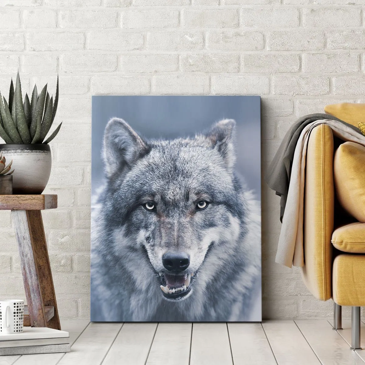 Cuadro sobre lienzo - Impresión de Imagen - Un lobo con una mirada intensa en un paisaje invernal. - 80x120cm - ¿Aceptarás el reto? - Decoración de pared moderna para salón y dormitorio ARTTOR