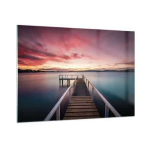 Cuadro sobre vidrio - Impresiones sobre Vidrio - Muelle junto al lago al atardecer con un cielo rosado - 100x70cm - La suave llama del atardecer - Decoración de pared moderna para salón y dormitorio ARTTOR