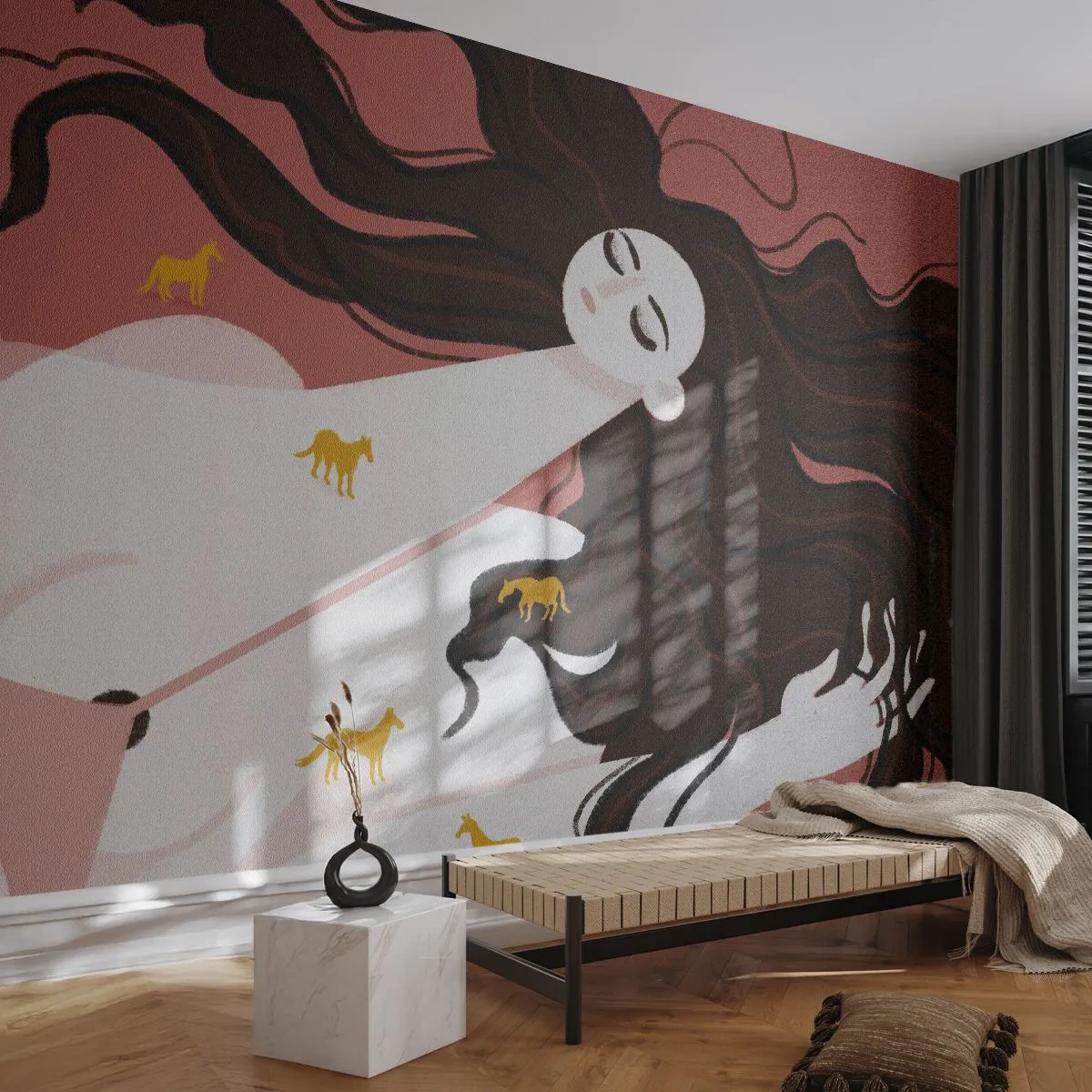 Fotomural Standard Eco - Mujer reclinada con cabello largo y caballos dorados - 100x70cm - Sueño de caballos dorados - Decoración de pared moderna para salón y dormitorio ARTTOR