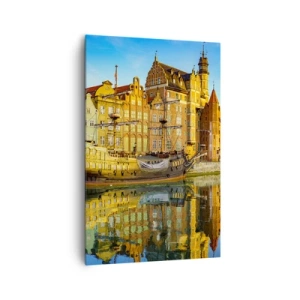 Cuadro sobre lienzo - Impresión de Imagen - Una vista pintoresca del casco antiguo con un velero y agua. - 80x120cm - Un espejo del pasado - Decoración de pared moderna para salón y dormitorio ARTTOR