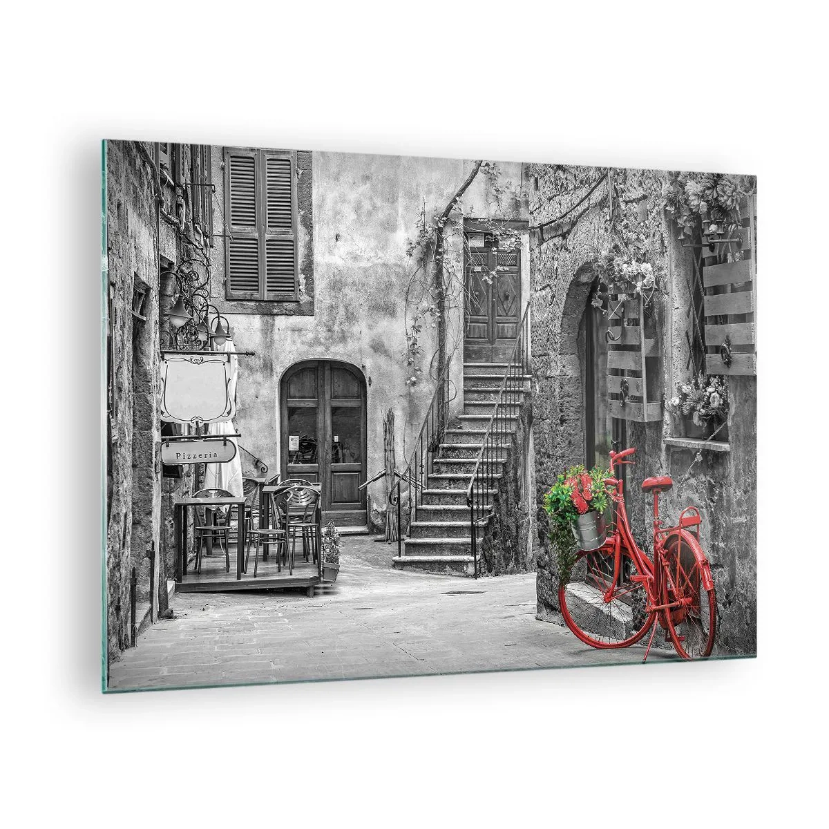 Cuadro sobre vidrio - Impresiones sobre Vidrio - Calle en blanco y negro con una bicicleta roja. - 70x50cm - Callejón de la Toscana - Decoración de pared moderna para salón y dormitorio ARTTOR