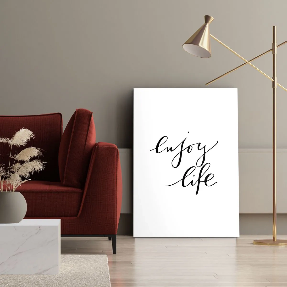 Cuadro sobre lienzo - Impresión de Imagen - La cita "disfruta la vida" en caligrafía negra sobre fondo blanco. - 80x120cm - Nada que añadir... - Decoración de pared moderna para salón y dormitorio ARTTOR