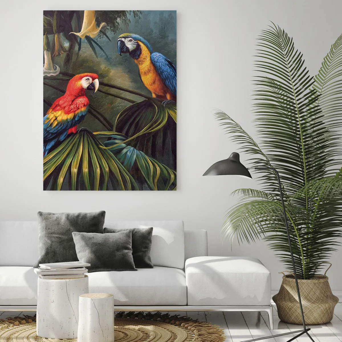 Cuadro sobre vidrio - Impresiones sobre Vidrio - Loros en un bosque tropical con flores exóticas al fondo. - 70x100cm - Romanticismo en los trópicos - Decoración de pared moderna para salón y dormitorio ARTTOR