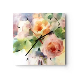 Reloj de pared - Reloj de vidrio - Delicadas rosas estilo acuarela sobre un fondo claro. - 30x30cm - Delicado como una acuarela - Decoración de pared moderna para salón y dormitorio ARTTOR