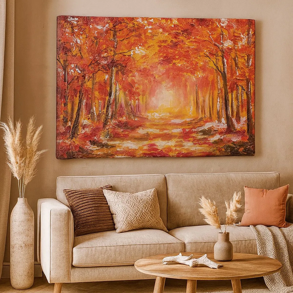 Cuadro sobre lienzo - Impresión de Imagen - Bosque otoñal en tonos cobre y dorado. - 70x50cm - Bosque de cobre - Decoración de pared moderna para salón y dormitorio ARTTOR