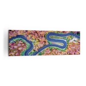 Cuadro sobre lienzo - Impresión de Imagen - Un camino sinuoso en un bosque otoñal visto a vista de pájaro - 160x50cm - Un camino sinuoso a través del bosque - Decoración de pared moderna para salón y dormitorio ARTTOR