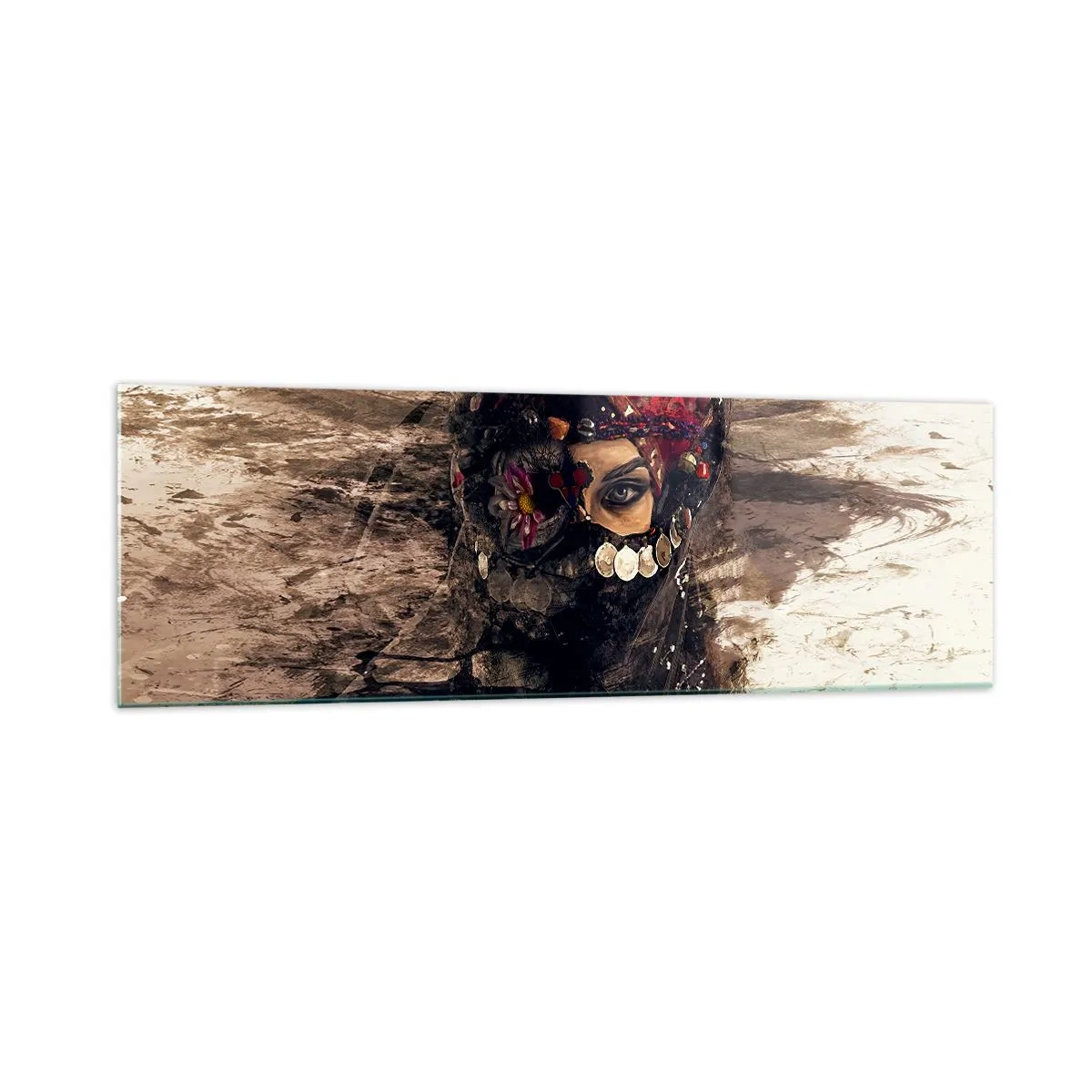 Cuadro sobre vidrio - Impresiones sobre Vidrio - Retrato artístico de una mujer con atuendo oriental sobre un fondo abstracto. - 160x50cm - Inquietante, como mínimo - Decoración de pared moderna para salón y dormitorio ARTTOR