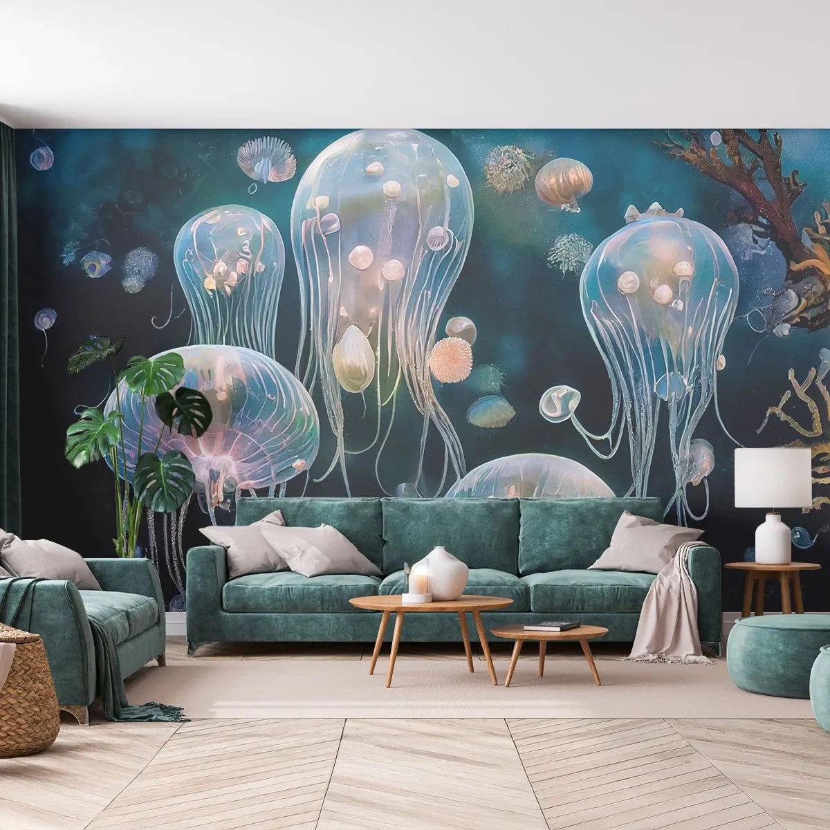 Fotomural Premium Sand - Medusas luminosas flotando en las profundidades del océano. - 100x70cm - Globos submarinos - Decoración de pared moderna para salón y dormitorio ARTTOR