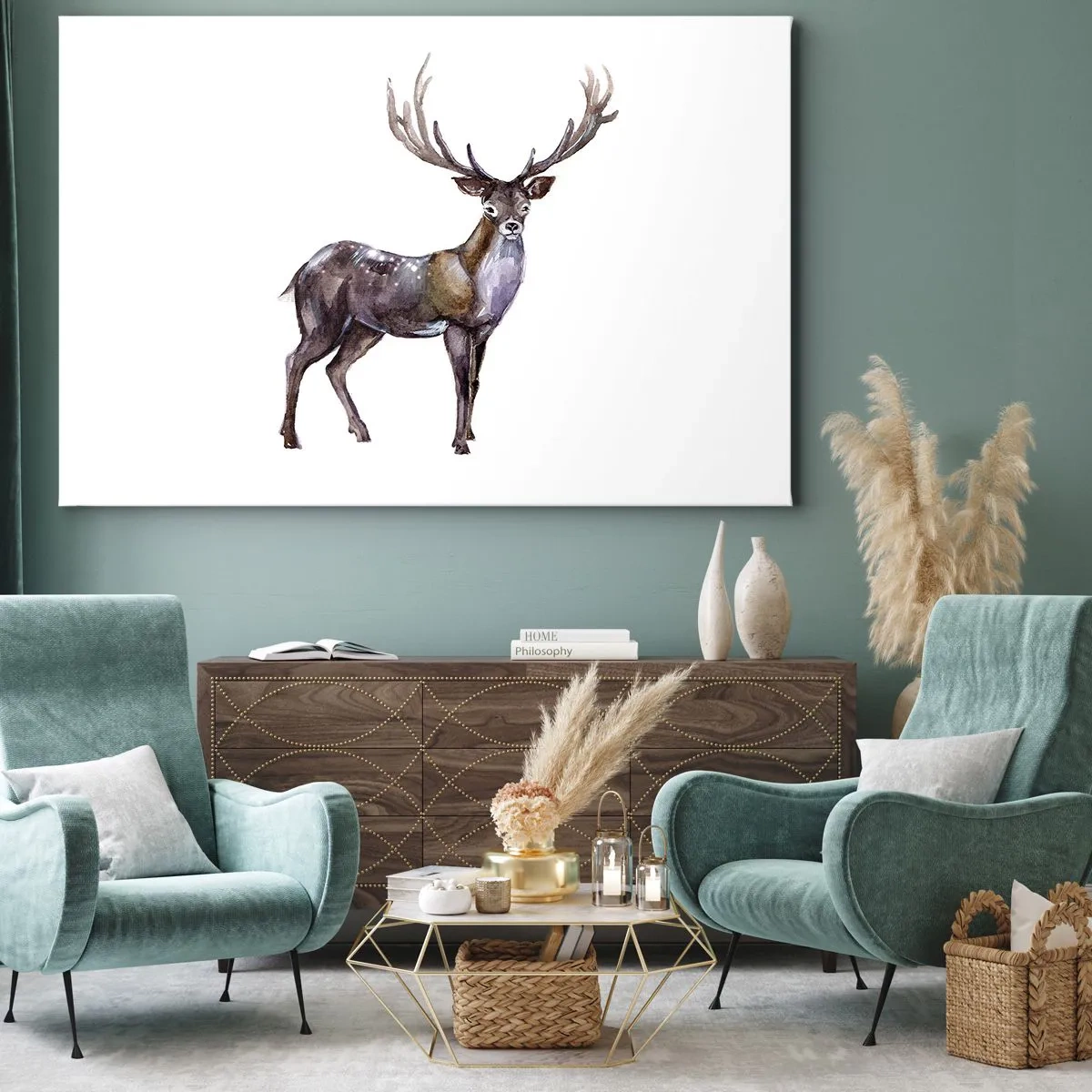 Cuadro sobre lienzo - Impresión de Imagen - Ilustración en acuarela de un ciervo con astas majestuosas - 70x50cm - Rey de las Tierras Salvajes del Norte - Decoración de pared moderna para salón y dormitorio ARTTOR