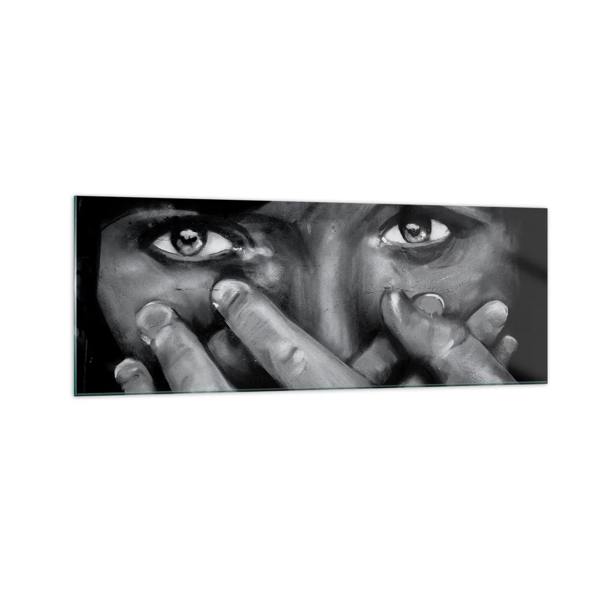 Cuadro sobre vidrio - Impresiones sobre Vidrio - Retrato en blanco y negro de una mujer cubriéndose la cara con las manos. - 140x50cm - No diré quién lo pintó - Decoración de pared moderna para salón y dormitorio ARTTOR