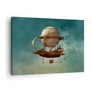 Cuadro sobre lienzo - Impresión de Imagen - Un dirigible fantástico contra el cielo verdoso. - 70x50cm - Julio Verne saluda - Decoración de pared moderna para salón y dormitorio ARTTOR