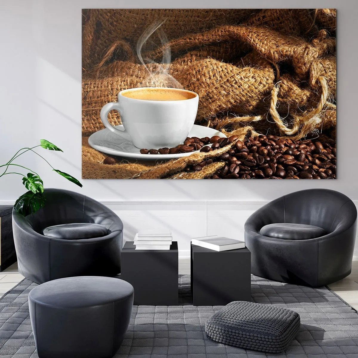 Cuadro sobre vidrio - Impresiones sobre Vidrio - Una taza de café con granos sobre un fondo de yute. - 100x70cm - Olor a moca y densidad del líquido meloso - Decoración de pared moderna para salón y dormitorio ARTTOR