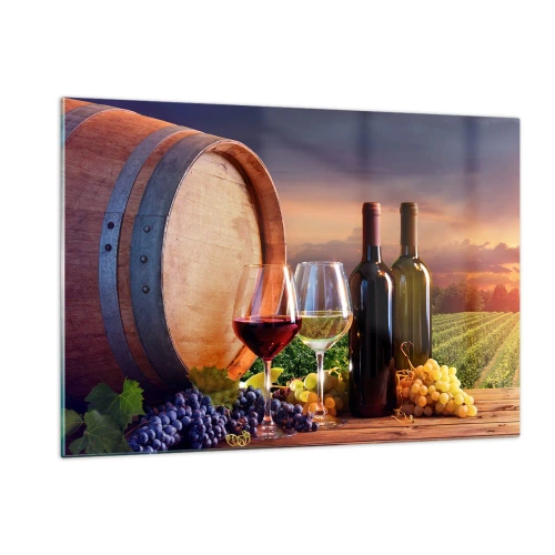 Cuadro sobre vidrio - Impresiones sobre Vidrio - Vides, un barril y copas con el sol poniente como telón de fondo - 120x80cm - Aquí la vida tiene un sabor - Decoración de pared moderna para salón y dormitorio ARTTOR