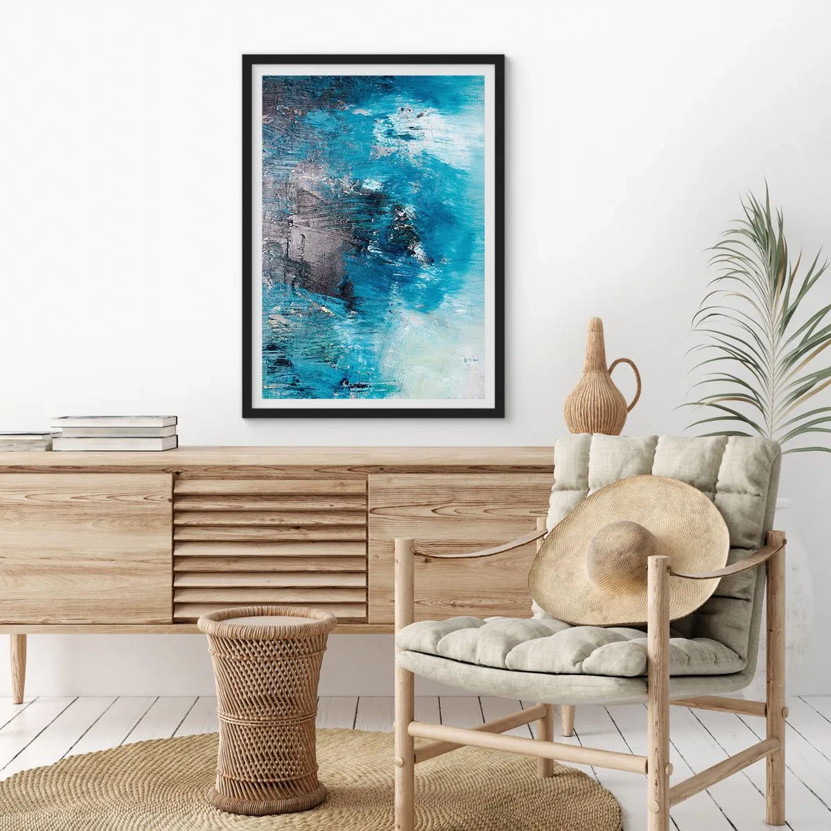 Póster en marco negro - Composición abstracta en tonos azules - 50x70cm - Rapsodia celeste - Decoración de pared moderna para salón y dormitorio ARTTOR