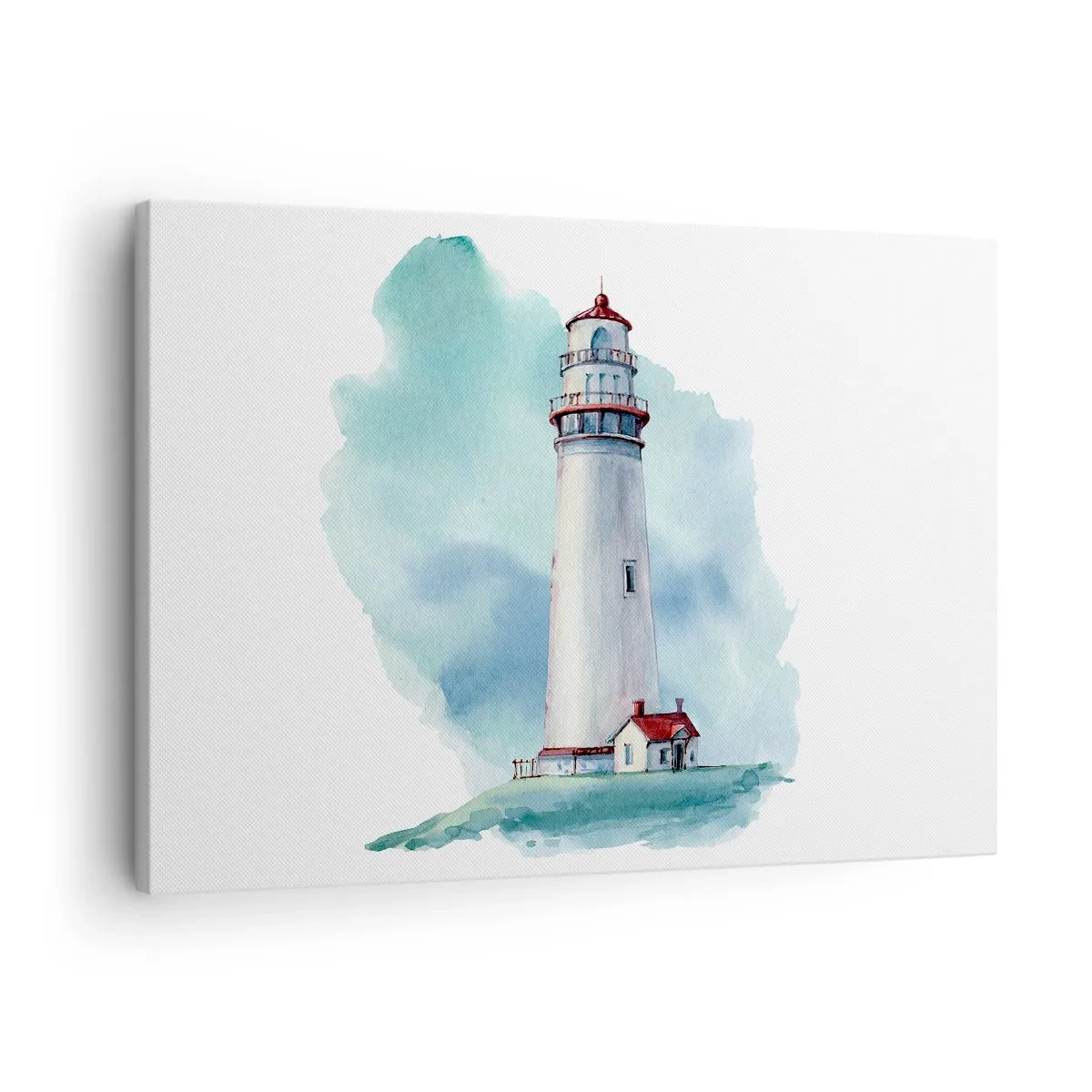 Cuadro sobre lienzo - Impresión de Imagen - Un faro sobre un fondo azul de acuarela. - 70x50cm - Gentil hermana del azul - Decoración de pared moderna para salón y dormitorio ARTTOR