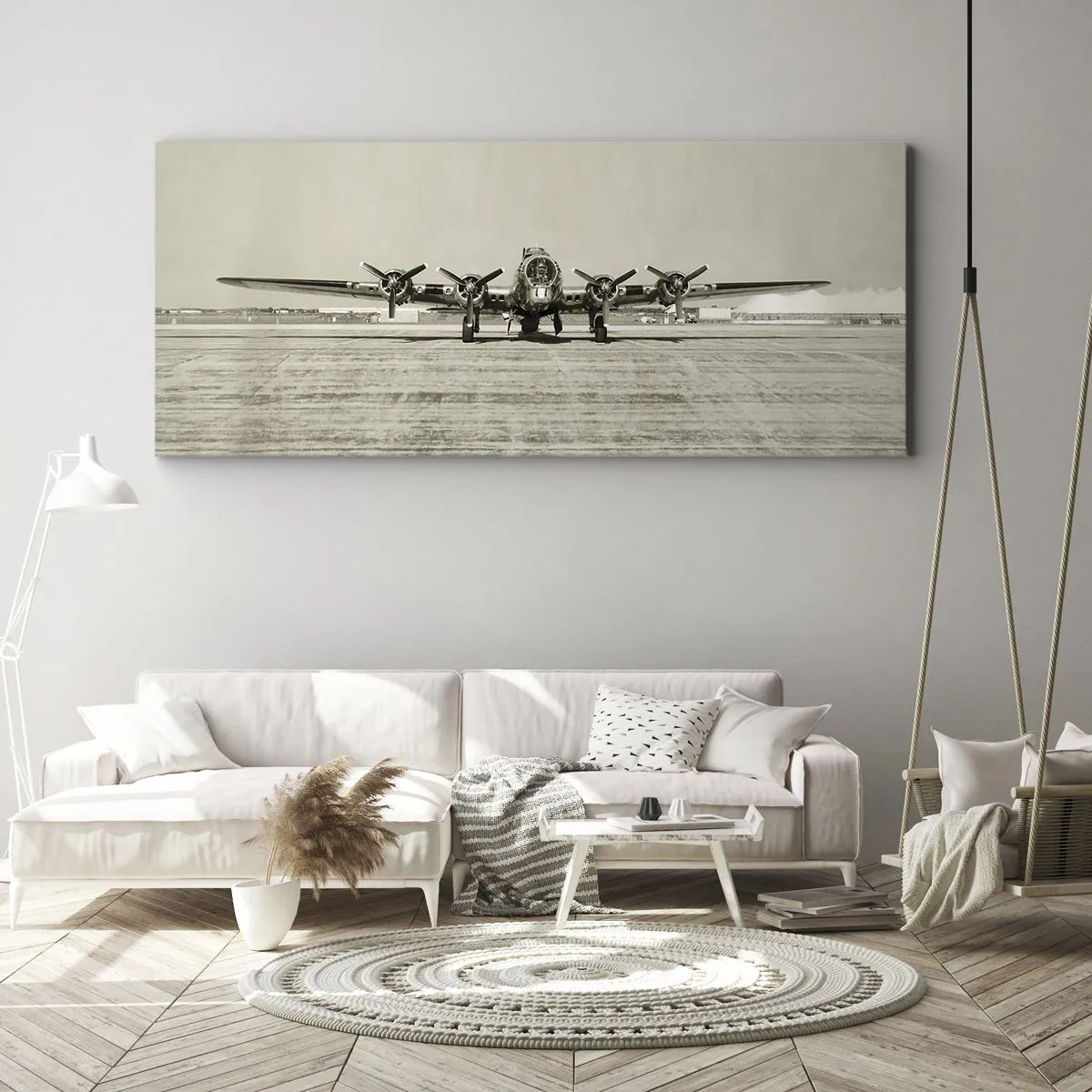 Cuadro sobre lienzo - Impresión de Imagen - Avión histórico en el aeropuerto en sepia - 120x50cm - Como siempre, preparado - Decoración de pared moderna para salón y dormitorio ARTTOR