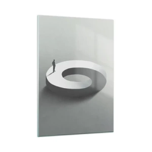 Cuadro sobre vidrio - Impresiones sobre Vidrio - Una silueta minimalista de un hombre sobre un anillo blanco. - 50x70cm - Ser sabio no es una labor sencilla - Decoración de pared moderna para salón y dormitorio ARTTOR