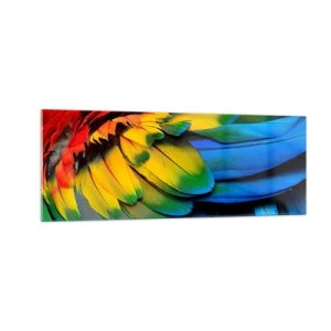 Cuadro sobre vidrio - Impresiones sobre Vidrio - Un primer plano de las coloridas plumas de un loro. - 140x50cm - Ave del paraíso - Decoración de pared moderna para salón y dormitorio ARTTOR