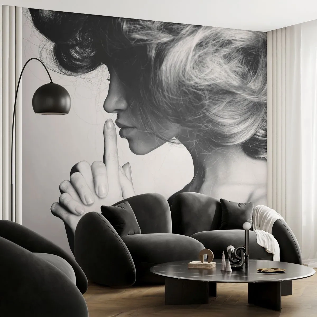 Fotomural Premium Canvas - Perfil en blanco y negro de una mujer haciendo un gesto de silencio. - 100x70cm - Escucharme a mí misma - Decoración de pared moderna para salón y dormitorio ARTTOR